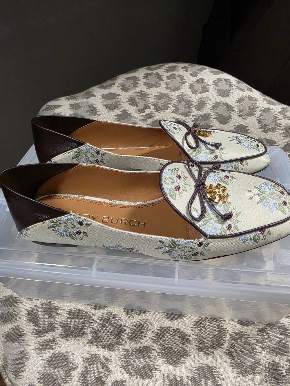 Tory Burch Cream/Light Blue Floral Embroidered Loafers with Dark Brown Trim